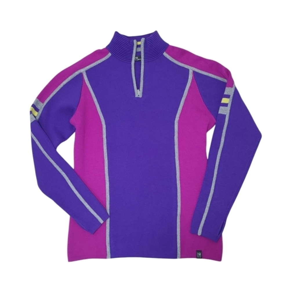 90s-Inspired Merino Wool Ski Sweater 1/4 Zip Color-Block Size Large - Picture 9 of 11